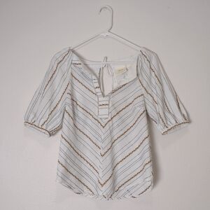 Maeve Anthropologie Fruit Embroidered V-Neck Puff Sleeve White Cotton Blouse